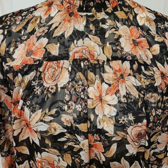 Black floral smocked‎ Neck long sleeve Blouse - Picture 4 of 10